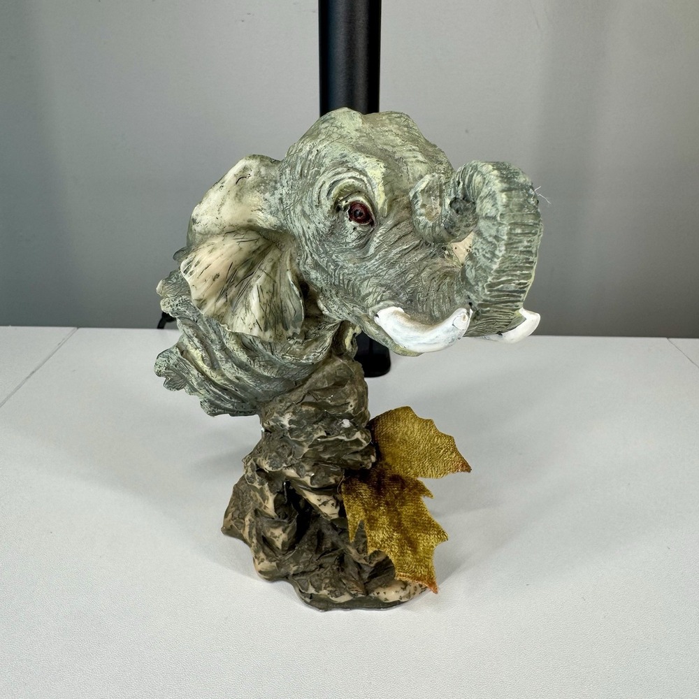 Vintage Faux Stone Resin Elephant Bust Statue 5.5" Trunk Up Good Luck Figurine